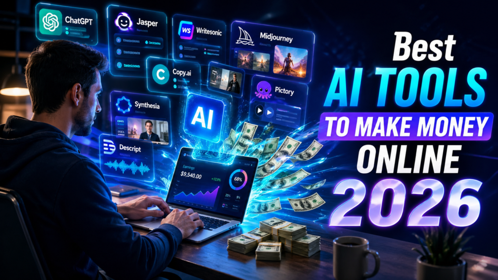 best AI tools to make money online 2026 banner with AI income concept