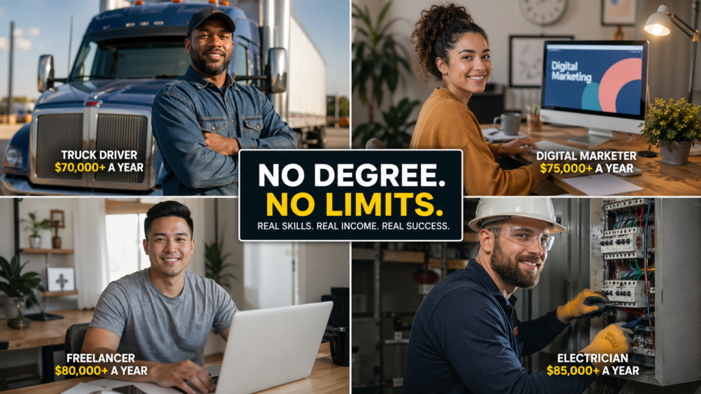 high paying jobs without a degree USA 2026 people working different careers