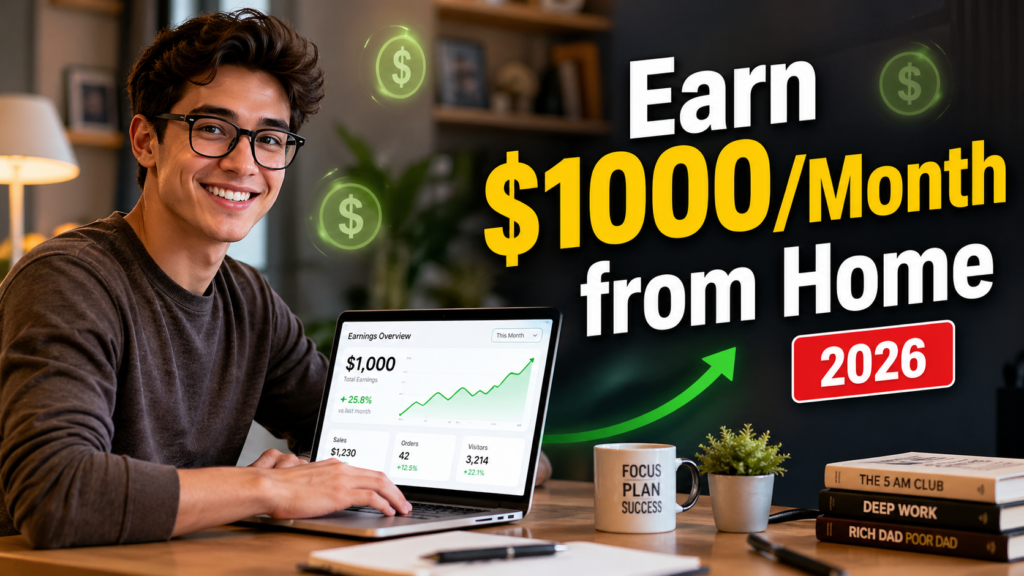 make $1000/month from home banner showing online income ideas and work from home setup