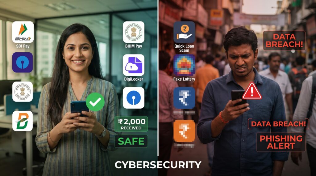 Safe vs fake earning apps in India showing scam warning and trusted apps