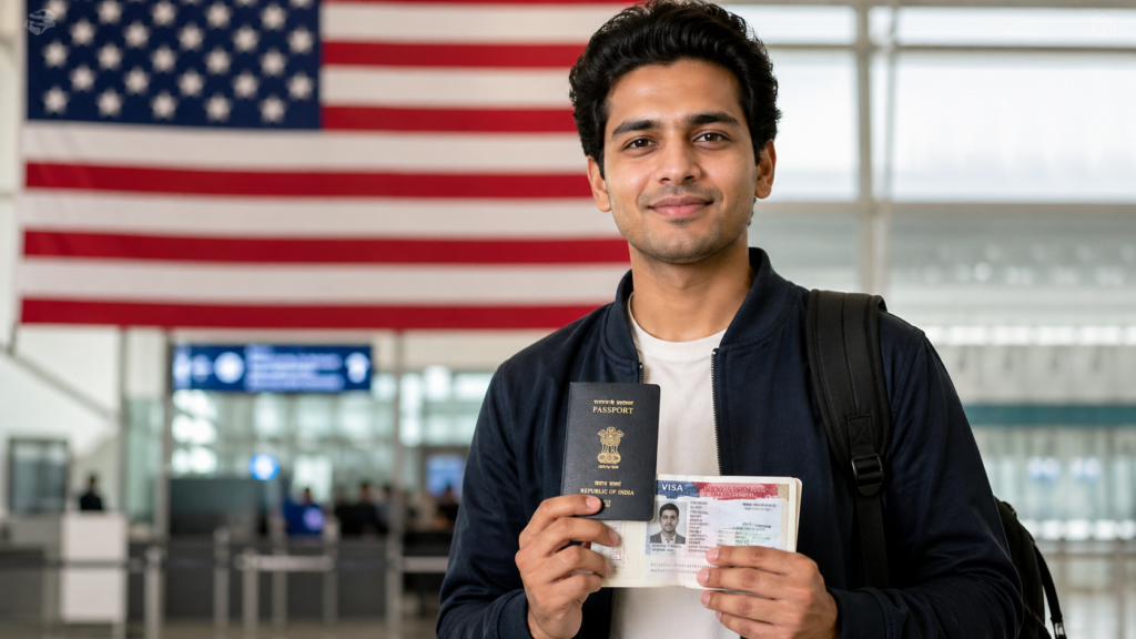 USA work visa 2026 approved professional at airport holding passport