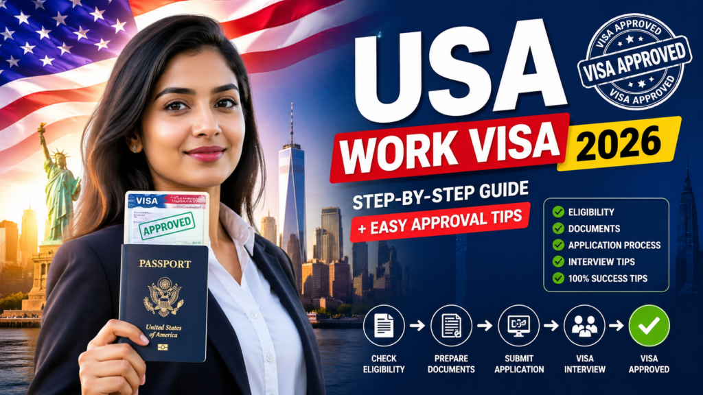 USA work visa 2026 step by step guide banner with visa approval concept